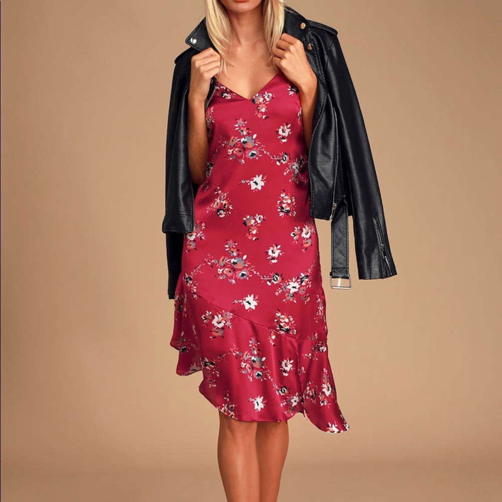 Satin Red Floral Asymmetrical Slip Dress